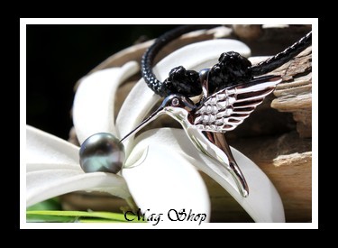 Oiseau Colibri Collier Argent Rhodié 925 Perle de Tahiti MAG.SHOP