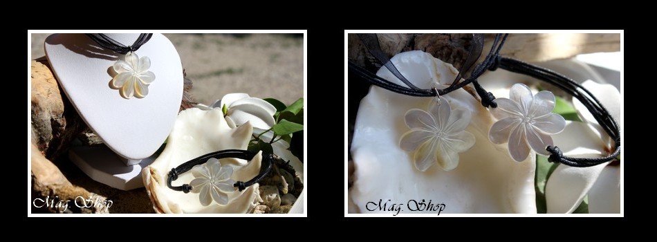 Parure Collier & Bracelet Fleurs de Tiaré Nacre de Tahiti Reflets Clairs 3cm MAG.SHOP TAHITI