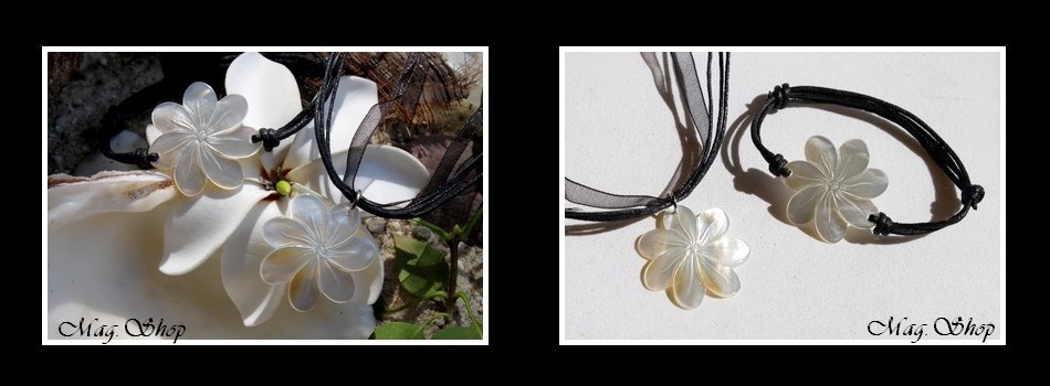 Parure Collier & Bracelet Fleurs de Tiaré Nacre de Tahiti Reflets Clairs 3cm MAG.SHOP TAHITI