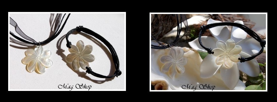 Marquises Collection  Parure Collier & Bracelet Fleurs de Tiaré Nacre de Tahiti Reflets Clairs 3cm MAG.SHOP TAHITI