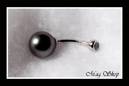 Piercing Argent Rhodié 925 Nombril Zircon  Perle Ronde de Tahiti Reflets Gris MAG.SHOP