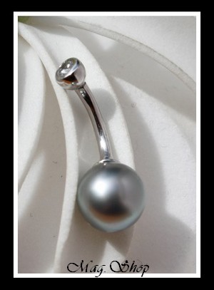 Piercing Nombril Zircon  Perle Ronde de Tahiti Reflets Gris-Bleus Clairs MAG.SHOP