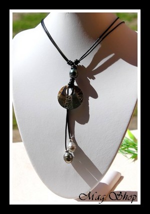 Punaauia Tuamotu Marquisien Collier Nacre & 3 Perles Cerclées de Tahiti MAG.SHOP