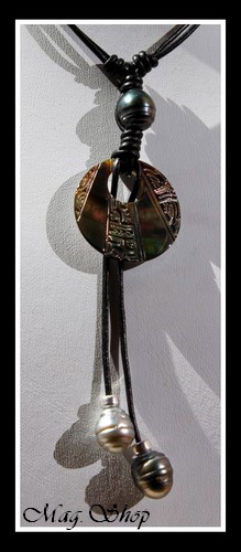 Punaauia Tuamotu Marquisien Collier Nacre & 3 Perles Cerclées de Tahiti MAG.SHOP