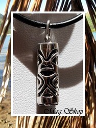 TIKI Collection / Collier TIKI Tahitien Raihearii Chance H:3cm Argent Rhodié 925 (4.01g) & Agate Noire Véritable / Cuir Noir