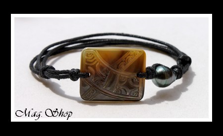 Rangiroa Marquisien  Bracelet Nacre & Perle de Tahiti Reflets Verts Foncés MAG.SHOP TAHITI