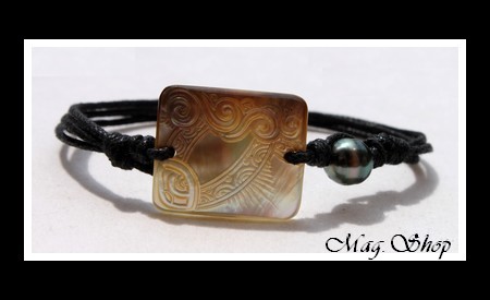 Rangiroa Marquisien Vagues Bracelet Nacre & Perle de Tahiti Reflets Verts MAG.SHOP