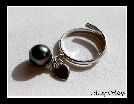 Silver Sea Collection  Bague Coeur Réglable  Argent Rhodié 925  & Perle Cerclée de Tahiti MAG.SHOP