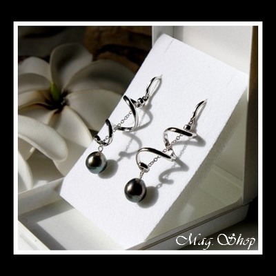 Silver Sea Collection  Boucles DOreilles Fatu Hiva Argent Rhodié 925 . 2 Perles de Tahiti MAG.SHOP