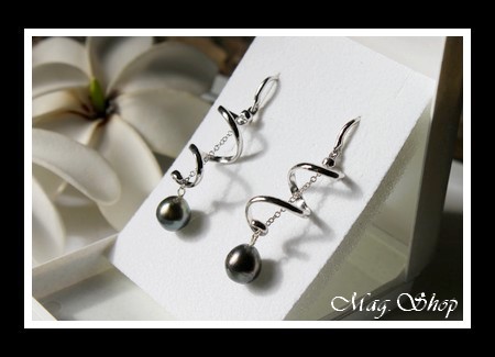 Silver Sea Collection  Boucles DOreilles Fatu Hiva Argent Rhodié 925 . 2 Perles de Tahiti MAG.SHOP