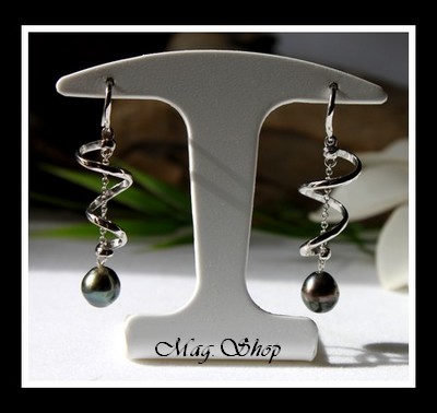 Silver Sea Collection  Boucles DOreilles Fatu Hiva Argent Rhodié 925 . 2 Perles de Tahiti MAG.SHOP