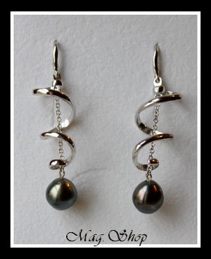 Silver Sea Collection  Boucles DOreilles Fatu Hiva Argent Rhodié 925 . 2 Perles de Tahiti MAG.SHOP