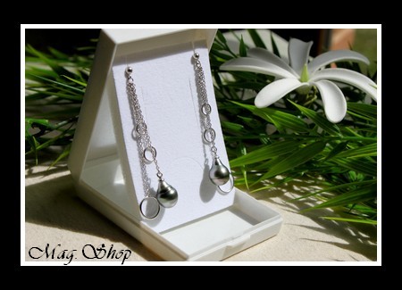 Silver Sea Collection  Boucles D`Oreilles Océan Argent Rhodié 925 (2.54g) H6cm  2 Perles Cerclées de Tahiti MAG.SHOP