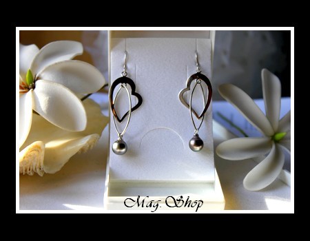 Silver Sea Collection  Boucles d`Oreilles Coeurs Argent Rhodié 925 Perles Cerclées de Tahiti MAG.SHOP