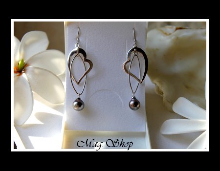 Silver Sea Collection  Boucles d`Oreilles Coeurs Argent Rhodié 925 Perles Cerclées de Tahiti MAG.SHOP