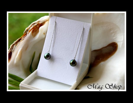 Silver Sea Collection -Boucles d`Oreilles Hiva OA` Argent Rhodié 925 2 Perles Rondes de Tahiti MAG.SHOP