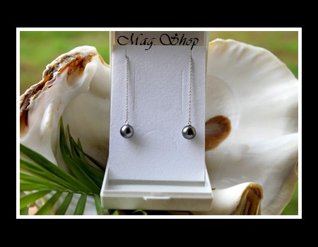 Silver Sea Collection -Boucles d`Oreilles Hiva OA` Argent Rhodié 925 2 Perles Rondes de Tahiti MAG.SHOP
