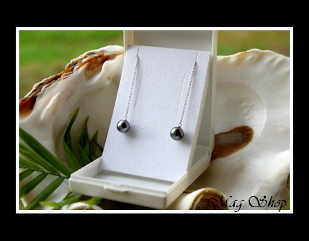 Silver Sea Collection -Boucles d`Oreilles Hiva OA` Argent Rhodié 925 2 Perles Rondes de Tahiti MAG.SHOP TAHITI