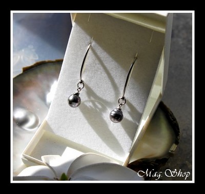 Silver Sea Collection - Boucles d`Oreilles PUOHINE Argent Rhodié 925 2 Perles Cerclées de Tahiti MAG.SHOP TAHITI