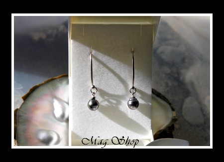 Silver Sea Collection - Boucles d`Oreilles PUOHINE Argent Rhodié 925 2 Perles Cerclées de Tahiti MAG.SHOP TAHITI