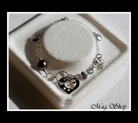 Silver Sea Collection  Bracelet 5 Coeurs Argent Rhodié 925 (5.49g) Réglable  Perle Ronde MAG.SHOP