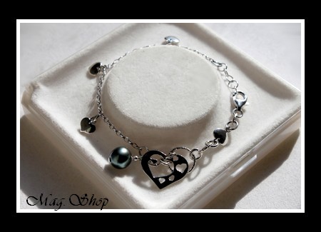 Silver Sea Collection  Bracelet Coeurs Argent Rhodié 925 (5.49g)    Perle Baroque de Tahiti MAG.SHOP