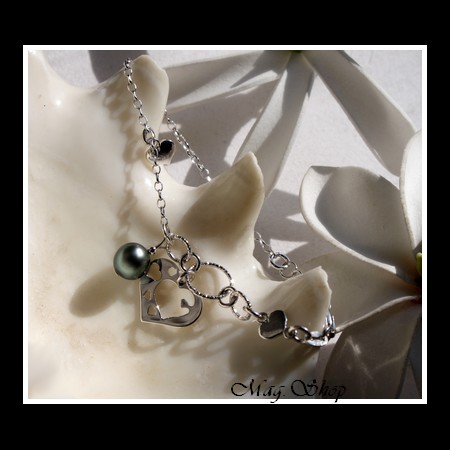 Silver Sea Collection  Bracelet Coeurs Argent Rhodié 925 (5.49g)    Perle Baroque de Tahiti MAG.SHOP