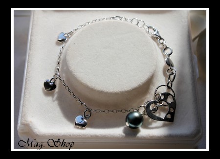 Silver Sea Collection  Bracelet Coeurs Argent Rhodié 925 (5.49g)    Perle Baroque de Tahiti MAG.SHOP