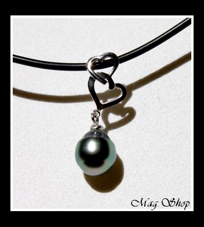 Silver Sea Collection   Collier Coeurs Argent Rhodié 925  Perle Cerclée de TAHITI MAG.SHOP