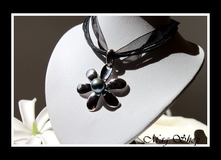 Silver Sea Collection Collier Fleur de Tiaré Argent Rhodié 925 Perle Ronde de Tahiti MAG.SHOP