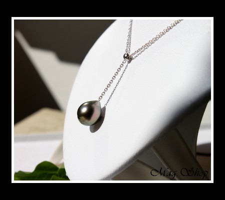 Silver Sea Collection  Collier Hiva Oa` Argent Rhodié 925  Perle Goutte Cerclée de Tahiti MAG.SHOP