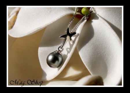 Silver Sea Collection - Pendentif étoile Aregtn Rhodié 925 Perle Baroque de Tahiti MAG.SHOP