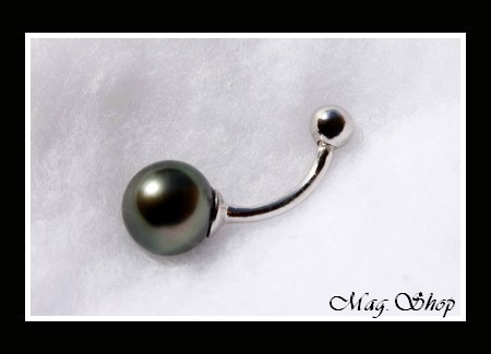 Silver Sea Collection  Piercing Nombril Argent Rhodié 925 (0.74g) Perle Ronde de Tahiti Reflets GrisVerts Foncés MAG.SHOP