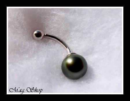 Silver Sea Collection  Piercing Nombril Argent Rhodié 925 (0.74g) Perle Ronde de Tahiti Reflets GrisVerts Foncés MAG.SHOP