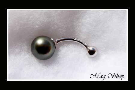 Silver Sea Collection  Piercing Nombril Argent Rhodié 925 (0.74g) Perle Ronde de Tahiti Reflets GrisVerts Foncés MAG.SHOP