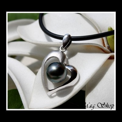 Silver sea Collection  Collier Coeur des Atolls Semi-Mat Argent Rhodié 925 & Perle Baroque de Tahiti MAG.SHOP