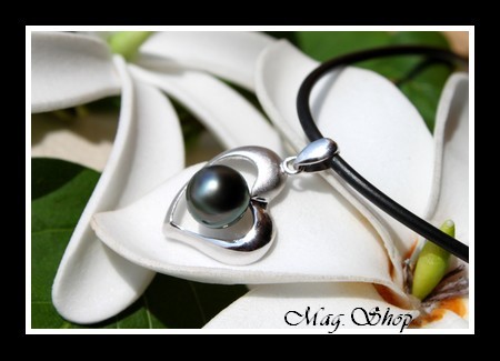 Silver sea Collection  Collier Coeur des Atolls Semi-Mat Argent Rhodié 925 & Perle Baroque de Tahiti MAG.SHOP