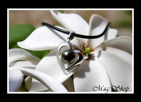 Silver sea Collection  Collier Coeur des Atolls Semi-Mat Argent Rhodié 925 & Perle Baroque de Tahiti Reflets Verts MAG.SHOP