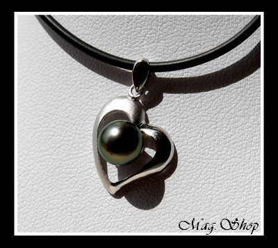 Silver sea Collection  Collier Coeur des Atolls Semi-Mat Argent Rhodié 925 & Perle Baroque de Tahiti Reflets Verts MAG.SHOP
