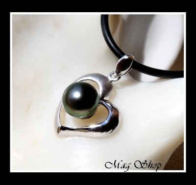 Silver sea Collection  Collier Coeur des Atolls Semi-Mat Argent Rhodié 925 & Perle Baroque de Tahiti Reflets Verts MAG.SHOP