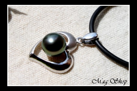 Silver sea Collection  Collier Coeur des Atolls Semi-Mat Argent Rhodié 925 & Perle Baroque de Tahiti Reflets Verts MAG.SHOP
