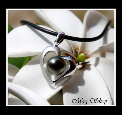 Silver sea Collection  Collier Coeur des Atolls Semi-Mat Argent Rhodié 925 & Perle Baroque de Tahiti Reflets Verts MAG.SHOP