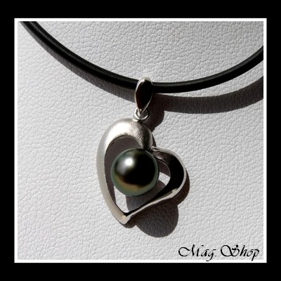 Silver sea Collection  Collier Coeur des Atolls Semi-Mat Argent Rhodié 925 & Perle Baroque de Tahiti Reflets Verts MAG.SHOP