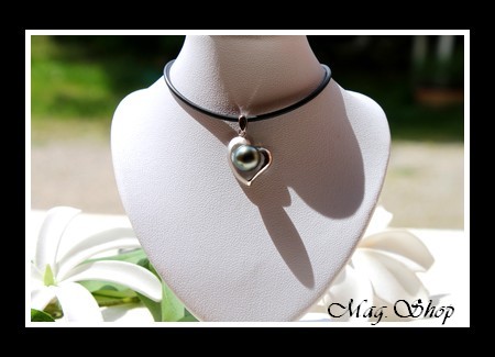 Silver sea Collection  Collier Coeur des Atolls Semi-Mat Argent Rhodié 925 & Perle Ronde de Tahiti Reflets Bleus MAG.SHOP