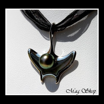 Silver sea Collection  Collier Miti Raie Argent Rhodié 925  Nacre de Tahiti & Perle Baroque de Tahiti MAG.SHOP
