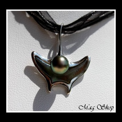 Silver sea Collection  Collier Miti Raie Argent Rhodié 925  Nacre de Tahiti & Perle Baroque de Tahiti MAG.SHOP