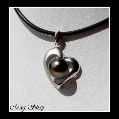 Silver sea Collection  Pendentif Coeur des Atolls Semi-Mat Argent Rhodié 925  & Perle Baroque de Tahiti MAG.SHOP