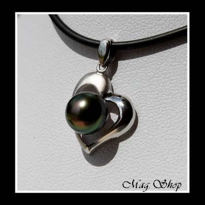 Silver sea Collection  Pendentif Coeur des Atolls Semi-Mat Argent Rhodié 925  & Perle Baroque de Tahiti MAG.SHOP TAHITI