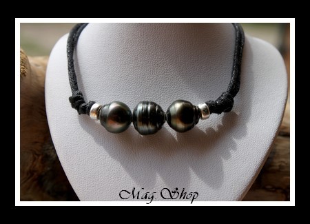Surfeur Bora-Bora Collier  3 Perles Cerclées-Baroques de Tahiti MAG.SHOP