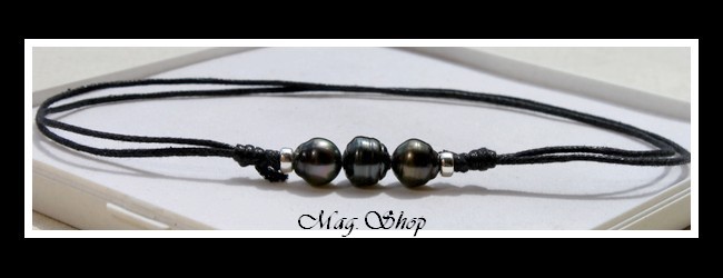 Surfeur Bora-Bora Collier  3 Perles Cerclées-Baroques de Tahiti MAG.SHOP